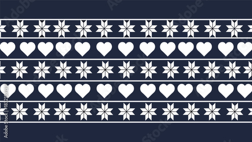 Flat seamless Nordic knitted-inspired pattern with snowflakes, hearts, and repeating geometric shapes, perfect for cozy seasonal textiles