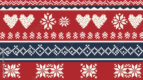 Flat seamless Nordic knitted-inspired pattern with snowflakes, hearts, and repeating geometric shapes, perfect for cozy seasonal textiles