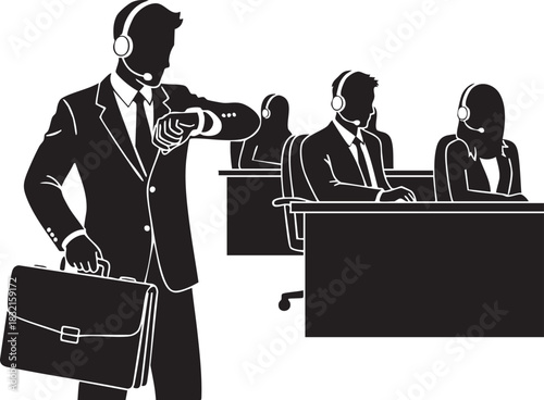 Business people silhouettes work on a computer illustration at the office desk