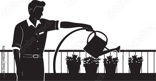 Silhouette of man watering potted plant on balcony