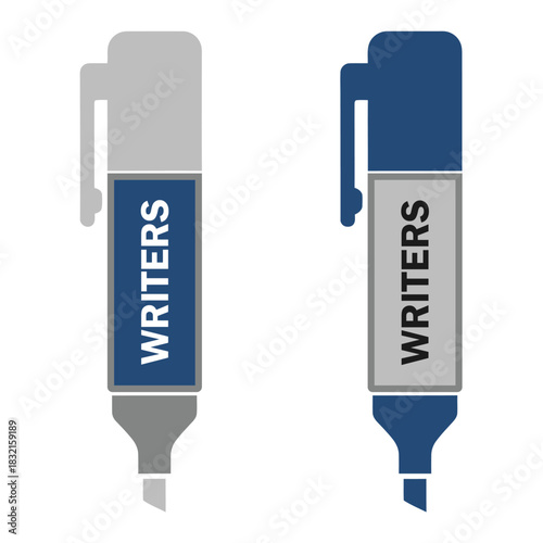 Two highlighter markers with the word writers on the body, one blue and one gray