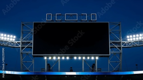Empty stadium scoreboard under bright lights at dusk, ready for a major event.