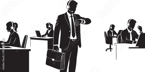 Businessman checking watch in busy call center silhouette white