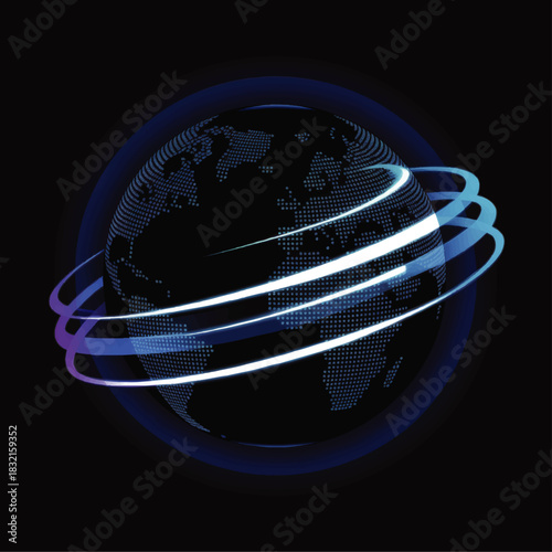 Futuristic digital globe with glowing data lines and global network connections on dark background, technology and communication concept