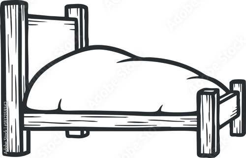 A wooden bed with a soft mattress in hand-drawn outline style, suitable for interior design projects