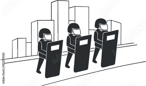 A group of police officers with riot shields in a minimalist black and white vector style, suitable for social justice topics and urban illustrations