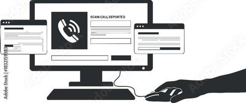A computer screen displaying a scam call report with user hand interacting in black and white minimalist vector style, suitable for cybersecurity awareness and digital safety campaigns