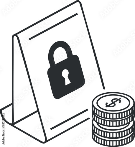 A lock symbol on a sign next to stacks of coins in a black and white outline vector style, suitable for financial services and security branding