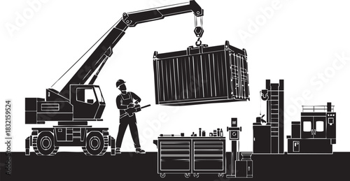 Crane lifting shipping container at industrial factory site illustration