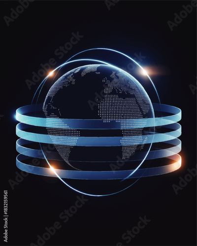 Futuristic digital globe with glowing data rings and global network connections on dark background, technology communication concept