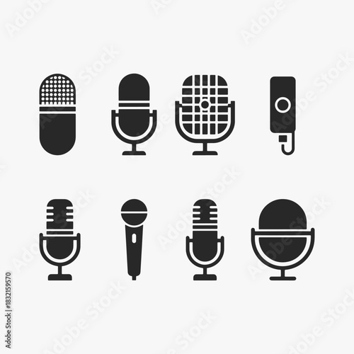 A set of microphone icons for voice. Different types of microphones are available in the market.