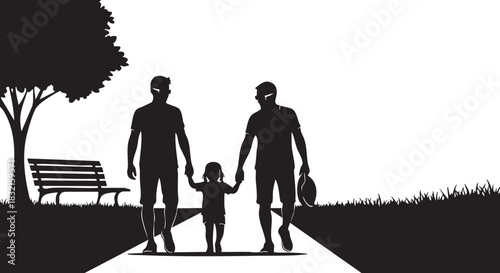 Silhouette of two fathers walking with their child in park