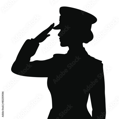 A black silhouette of a female military officer in a formal salute position against on a transparent background.