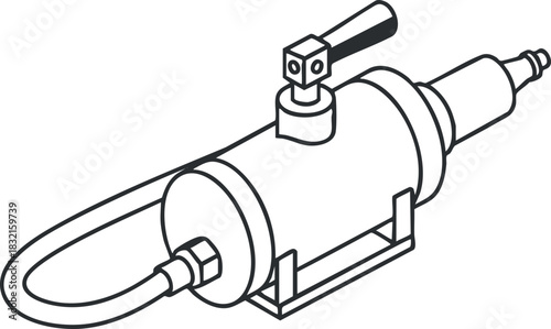 A mechanical pump with a lever and hose in clean outline vector style, suitable for engineering and industrial applications