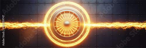 Futuristic energy core with glowing electric ring on dark metal wall, sci fi technology background, high voltage power concept