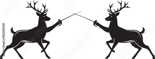 Two stags silhouetted fighting with swords on white background