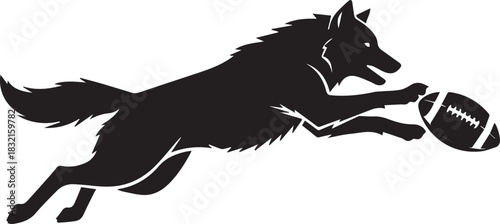 Black silhouette of a wolf leaping to catch an american football