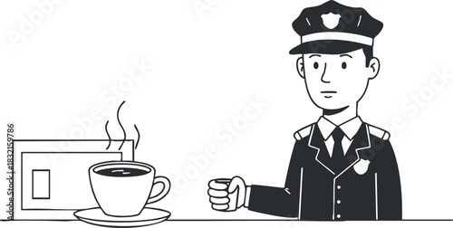 A police officer holding a cup of coffee in black and white minimalist vector style, ideal for law enforcement themes