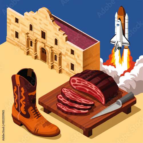 Texas culture icons isometric illustration with mission church, cowboy boot, barbecue brisket and space shuttle launch