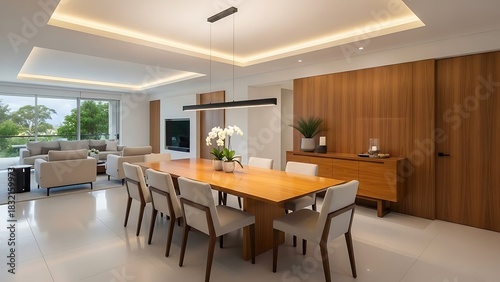 Elegant interior showcasing a modern dining area blending seamlessly with living space.