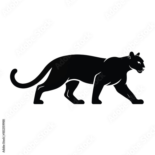 A black silhouette of a mountain lion in a walking stance against transparent background.  