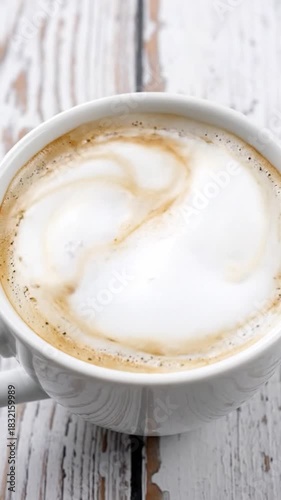 Close-up of coffee with frothy milk in a white ceramic mug, set against a wood surface