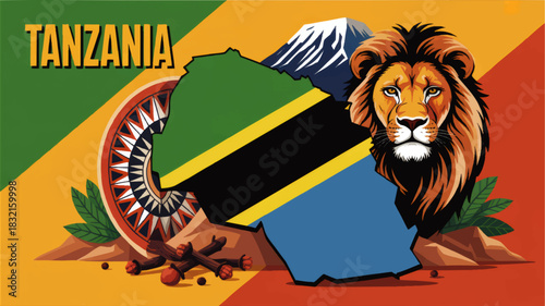 Tanzania travel illustration with flag map, lion, Mount Kilimanjaro, African patterns and spices in colorful vector design