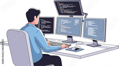 Programmer coding at desk with monitors