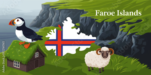 Faroe Islands cartoon landscape with puffin sheep turf house cliffs and national flag illustration for travel and tourism design