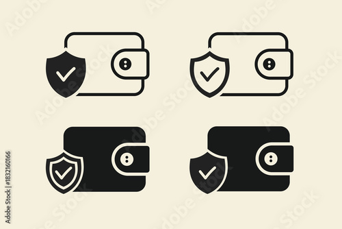 Wallet icons with shields indicating security, protection, and financial data safety.