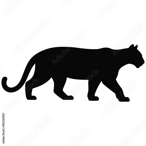 A black silhouette of a mountain lion in a walking stance against transparent background.  