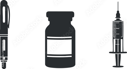 A collection of a syringe, medicine bottle, and pen in flat black vector style, suitable for healthcare graphics and medical illustrations