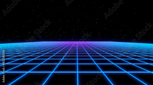 Retro style glowing grid perspective in blue and purple with starry sky backdrop