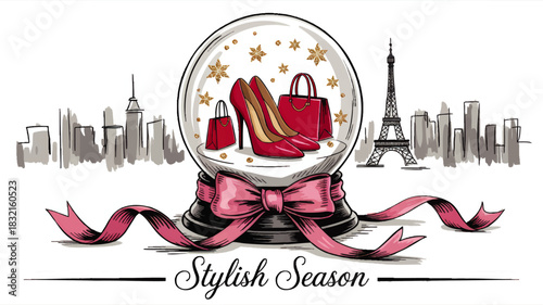 Fashion snow globe with pink high heels and handbags, holiday ribbon, Paris skyline and stylish season lettering illustration