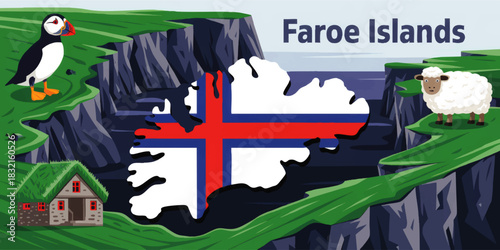 Faroe Islands vector illustration with national flag map, puffin bird, sheep, green cliffs, ocean landscape and traditional turf roof house