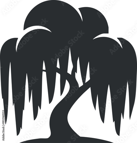 A stylized silhouette of a willow tree with flowing branches in black vector style, suitable for nature-themed designs or eco-friendly projects
