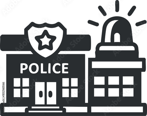 A police station building with a siren and badge in black and white minimalist vector style, suitable for law enforcement graphics