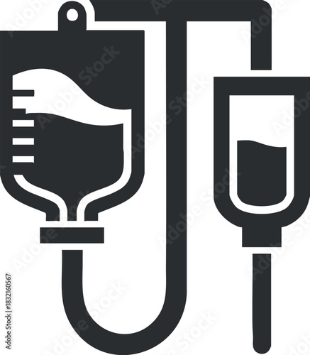 A medical IV drip and infusion bag in black and white vector outline style, suitable for healthcare and medical designs