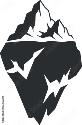 An abstract representation of an iceberg with geometric shapes in minimalist black and white vector style, suitable for environmental themes