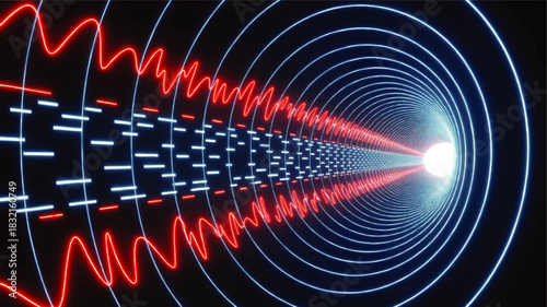 Futuristic neon data tunnel with blue concentric rings and red waveform light trails, high speed technology background
