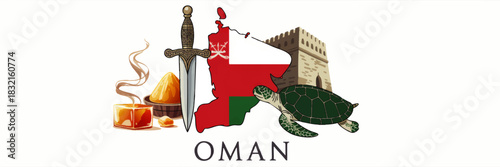 Oman culture illustration with frankincense, khanjar dagger, national flag map, fort and sea turtle on transparent background