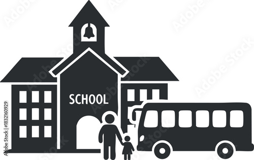 A school building with a bus and a parent holding a child's hand in black and white minimalist vector style, ideal for educational themes and materials