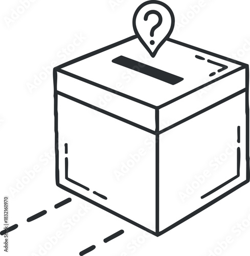 A ballot box with a question mark in black and white outline vector style, suitable for voting or feedback concepts