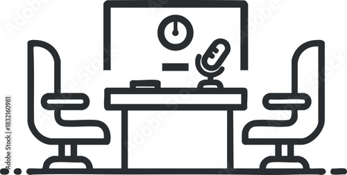 A minimalist line art illustration of an office workspace featuring a desk, two chairs, a clock, and a microphone, suitable for business and design projects