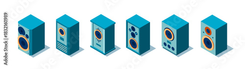 Isometric 3D retro speakers. Set of six objects on a white background. Old musical equipment. Vector illustration.