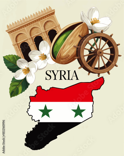 Syria cultural symbols vector illustration with national flag map, jasmine flowers, pistachio, ancient architecture and traditional cart wheel