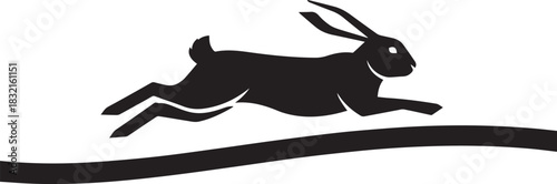 Silhouette of a rabbit jumping over a line against a white background