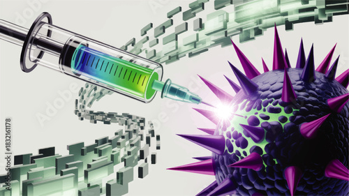 Futuristic vaccine injection attacking virus cell, medical technology illustration of syringe destroying infection with digital data stream