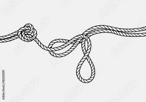 Detailed graphic illustration of a tangled rope showing various knots, loops, and intricate connections on a clean background