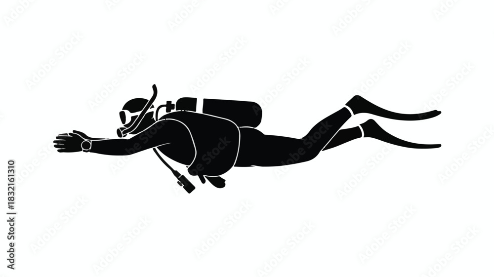 Fototapeta premium A black silhouette of a scuba diver swimming horizontally underwater against a white background.